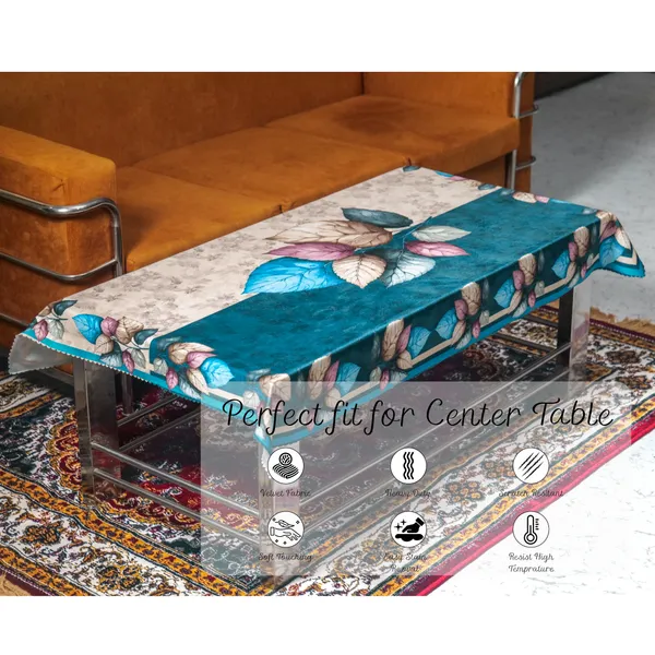 Velvet_Table_Cover_With_Floral_Design,_With_Leaf_Pattern_Border_In_Dual_Tone_Colour_Suitable_For_Living_Room,_Ferozi