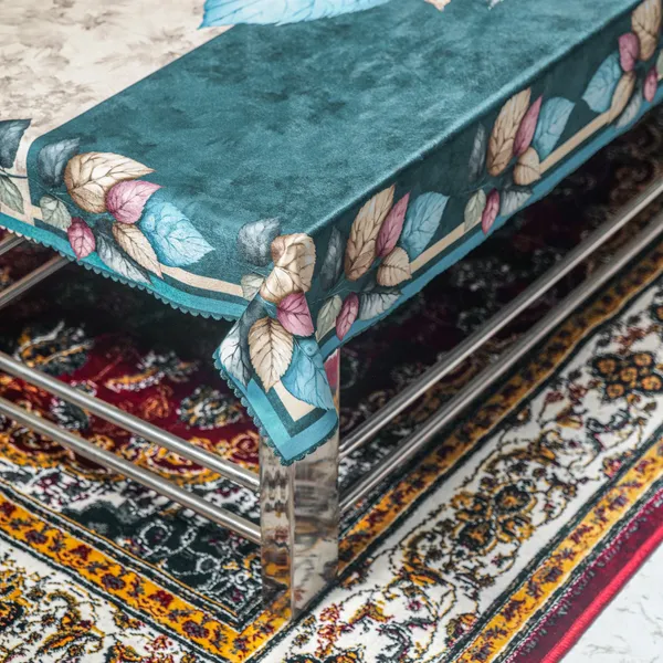 Velvet_Table_Cover_With_Floral_Design,_With_Leaf_Pattern_Border_In_Dual_Tone_Colour_Suitable_For_Living_Room,_Ferozi