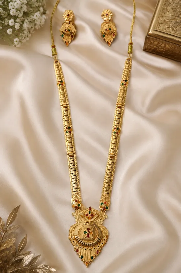 Gold_Alloy_Long_Traditional_Necklace_And_Earrings_Set_For_Women