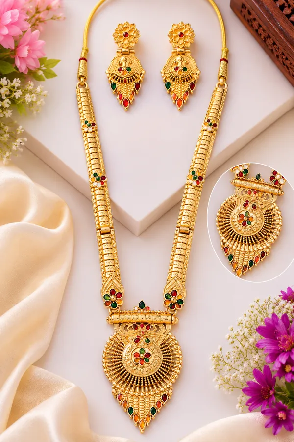Gold_Alloy_Long_Floral_Stone_Accent_Necklace_And_Earrings_Set_For_Women