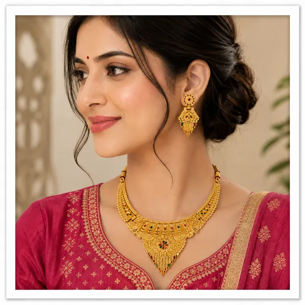 Gold_Alloy_Layered_Traditional_Necklace_And_Earrings_Set_For_Women