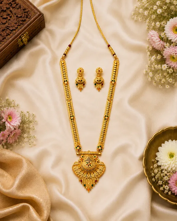 Gold_Alloy_Long_Temple_Style_Necklace_And_Earrings_Set_For_Women