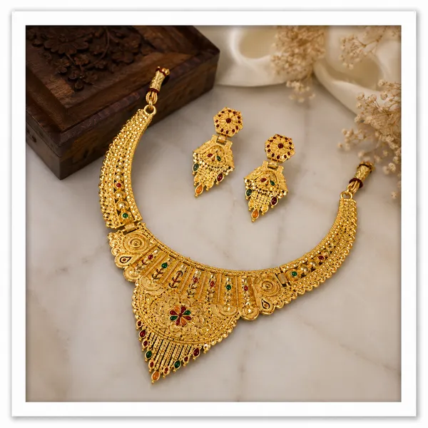 Gold_Alloy_Layered_Traditional_Necklace_And_Earrings_Set_For_Women