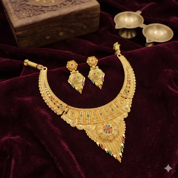 Gold_Alloy_Embossed_Floral_Traditional_Necklace_And_Earrings_Set_For_Women