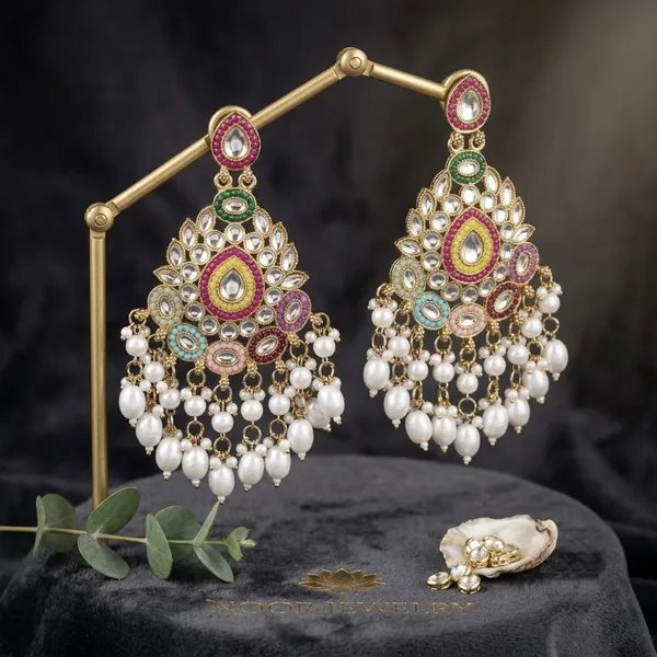 Multicolour_Alloy_Stone_Studded_Pearl_Drop_Earrings_For_Women