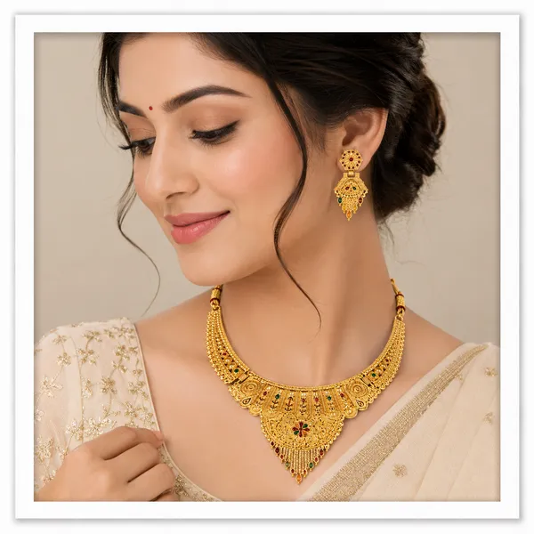 Gold_Alloy_Layered_Traditional_Necklace_And_Earrings_Set_For_Women