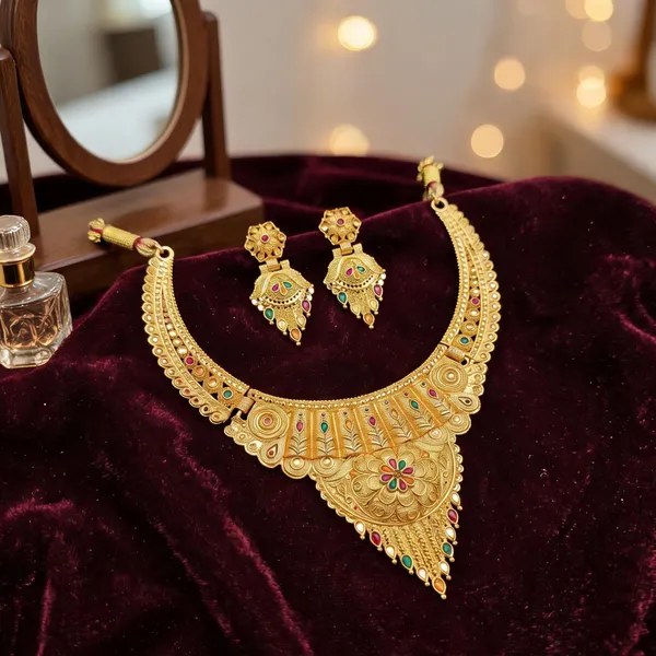 Gold_Alloy_Embossed_Floral_Traditional_Necklace_And_Earrings_Set_For_Women