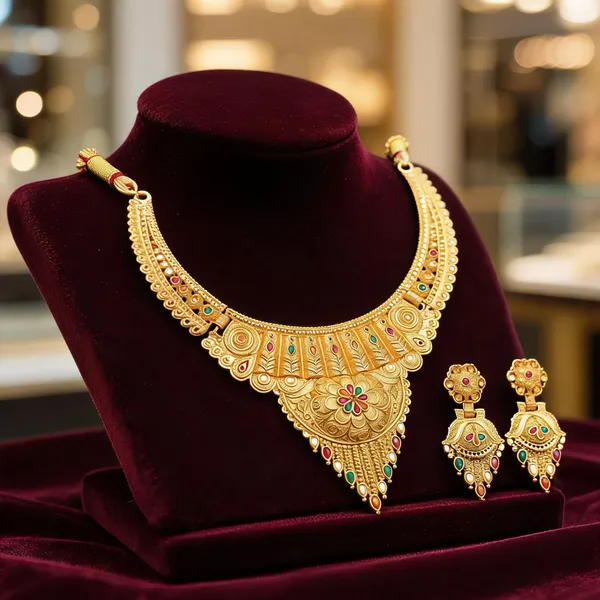 Gold_Alloy_Embossed_Floral_Traditional_Necklace_And_Earrings_Set_For_Women