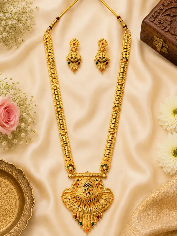 Gold_Alloy_Long_Temple_Style_Necklace_And_Earrings_Set_For_Women