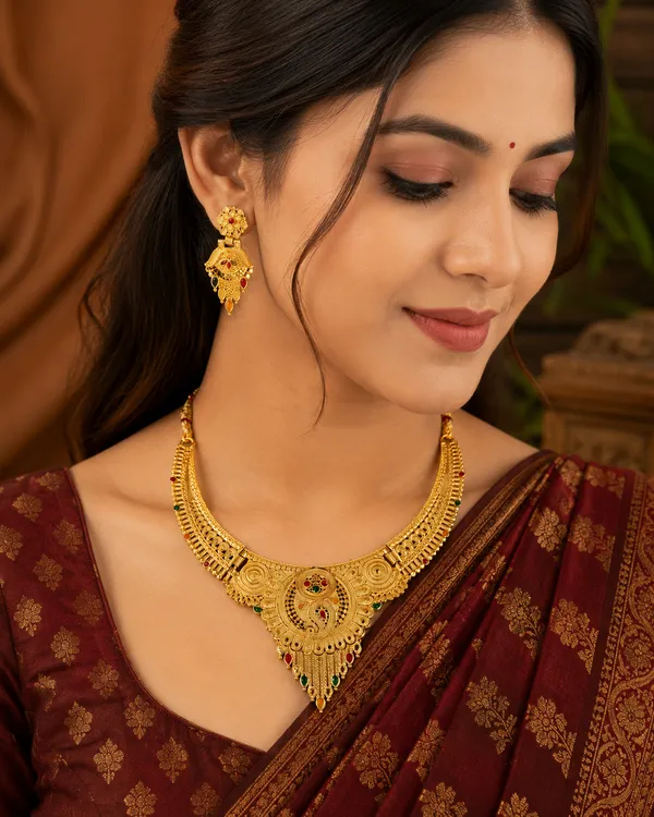 Gold_Alloy_Filigree_Stone_Accent_Necklace_And_Earrings_Set_For_Women