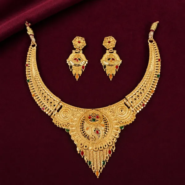 Gold_Alloy_Filigree_Stone_Accent_Necklace_And_Earrings_Set_For_Women
