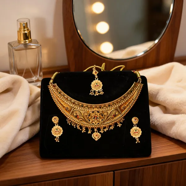 Gold_Alloy_Floral_Necklace_Earrings_And_Maang_Tikka_Set_For_Women