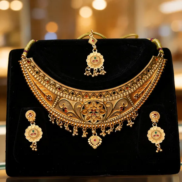 Gold_Alloy_Floral_Necklace_Earrings_And_Maang_Tikka_Set_For_Women