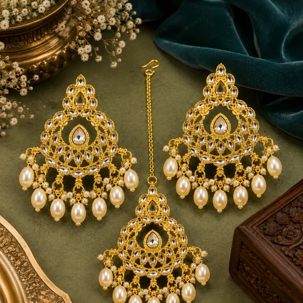 Gold_White_Alloy_Stone_Studded_Pearl_Earrings_And_Maang_Tikka_Set_For_Women