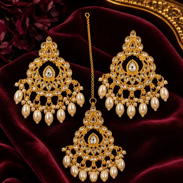 Gold_White_Alloy_Stone_Studded_Pearl_Earrings_And_Maang_Tikka_Set_For_Women