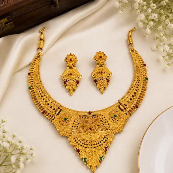 Gold_Alloy_Traditional_Floral_Necklace_And_Earrings_Set_For_Women