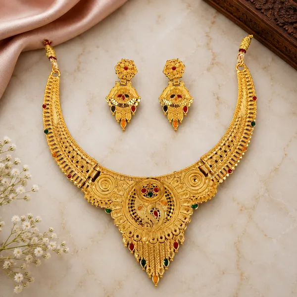 Gold_Alloy_Filigree_Stone_Accent_Necklace_And_Earrings_Set_For_Women