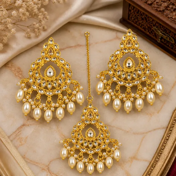 Gold_White_Alloy_Stone_Studded_Pearl_Earrings_And_Maang_Tikka_Set_For_Women