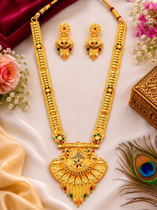 Gold_Alloy_Long_Temple_Style_Necklace_And_Earrings_Set_For_Women