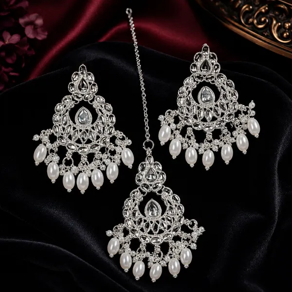 Silver_Alloy_Pearl_Chandelier_Earrings_And_Maang_Tikka_Set_For_Women
