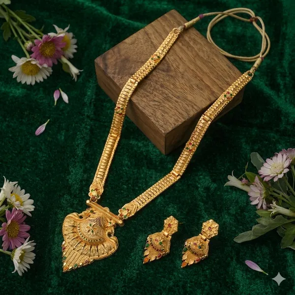 Gold_Alloy_Long_Temple_Style_Necklace_And_Earrings_Set_For_Women