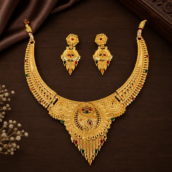 Gold_Alloy_Filigree_Stone_Accent_Necklace_And_Earrings_Set_For_Women