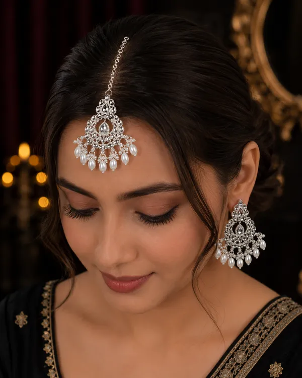 Silver_Alloy_Pearl_Chandelier_Earrings_And_Maang_Tikka_Set_For_Women