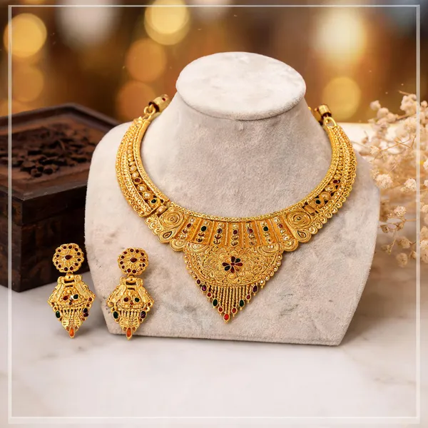 Gold_Alloy_Layered_Traditional_Necklace_And_Earrings_Set_For_Women