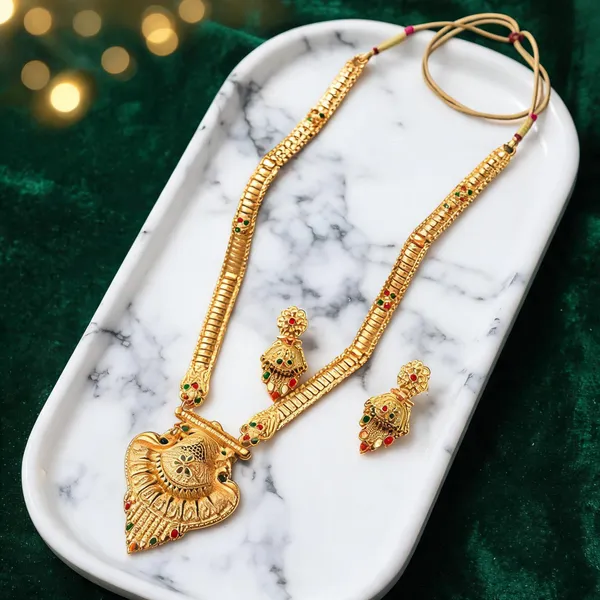 Gold_Alloy_Long_Temple_Style_Necklace_And_Earrings_Set_For_Women