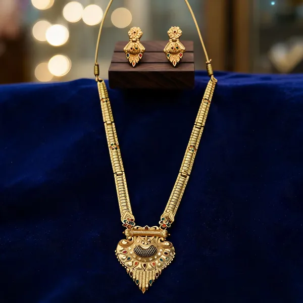 Gold_Alloy_Long_Engraved_Traditional_Necklace_And_Earrings_Set_For_Women