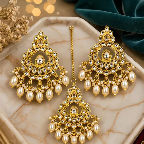 Gold_White_Alloy_Stone_Studded_Pearl_Earrings_And_Maang_Tikka_Set_For_Women