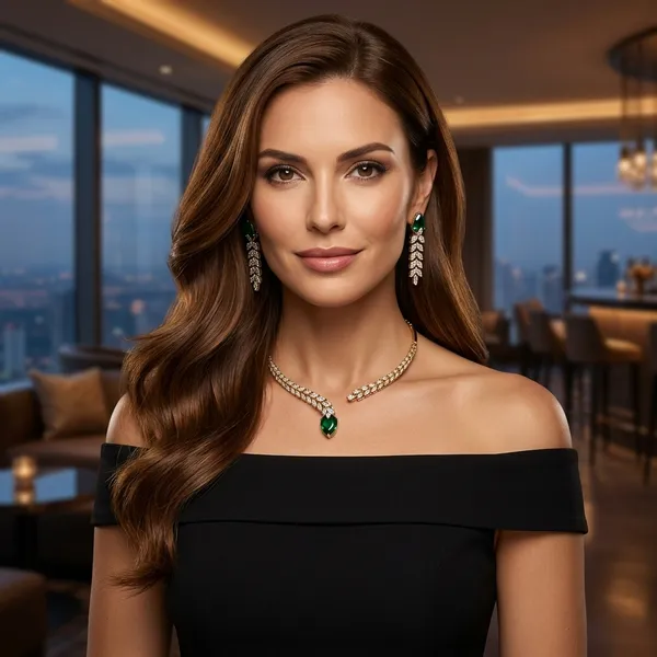 Gold_Green_Emerald_Drop_Collar_Necklace_&_Earrings_Set_For_Women