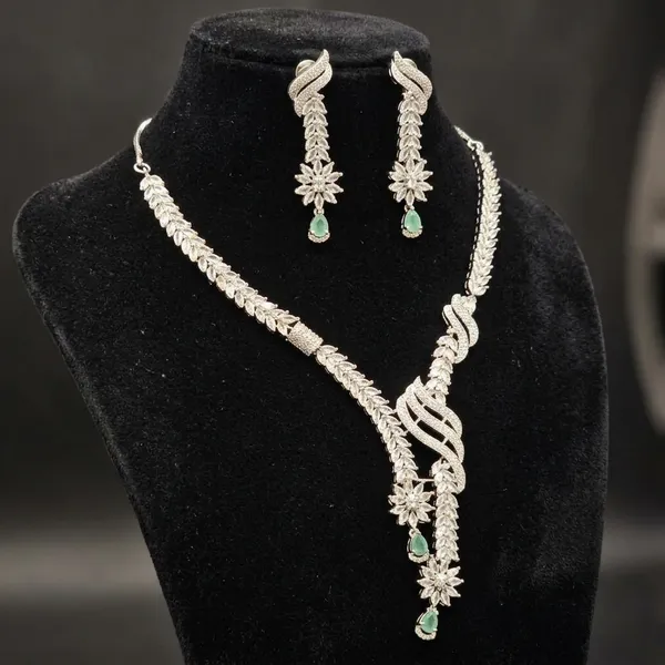 Silver_Green_Accent_Floral_Swirl_Necklace_&_Earrings_Set_For_Women