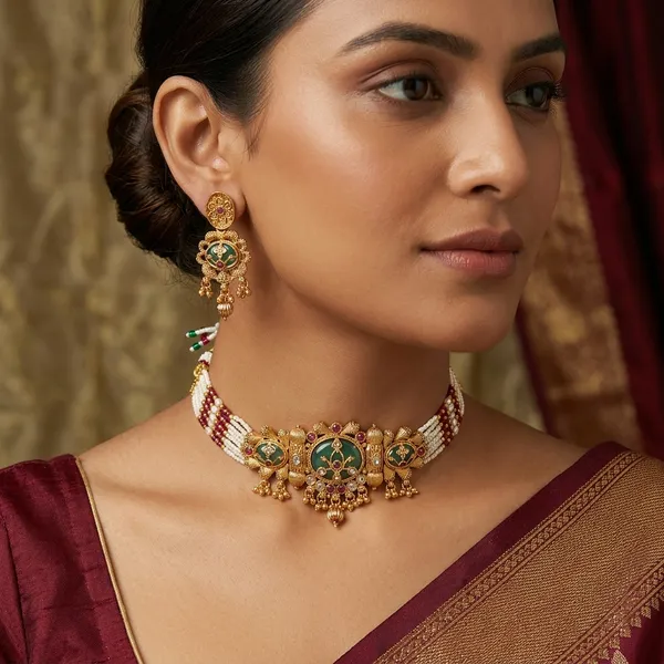 Gold_Multicolor_Meenakari_Choker_Necklace_Earrings_Set_For_Women