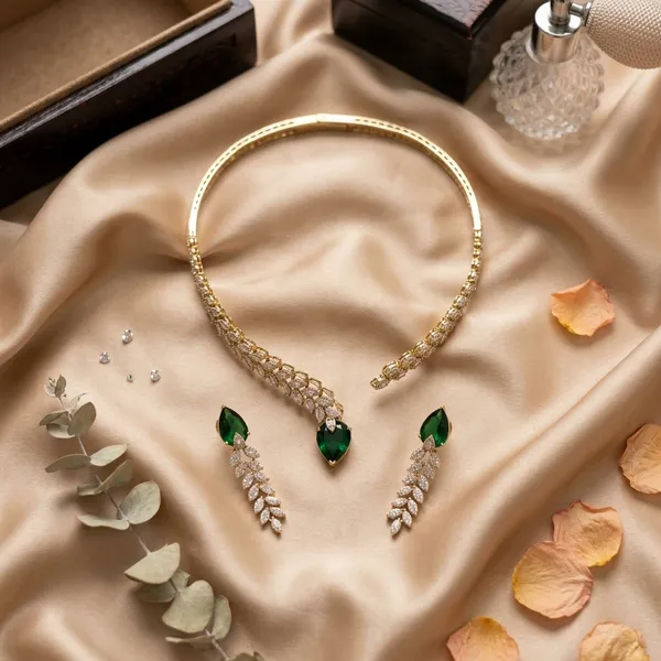 Gold_Green_Emerald_Drop_Collar_Necklace_&_Earrings_Set_For_Women