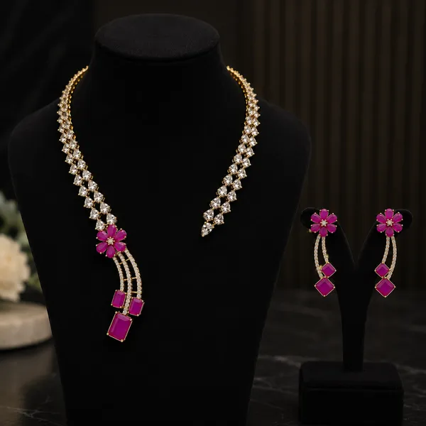 Gold_Pink_Stone_Floral_Drop_Necklace_&_Earrings_Set_For_Women