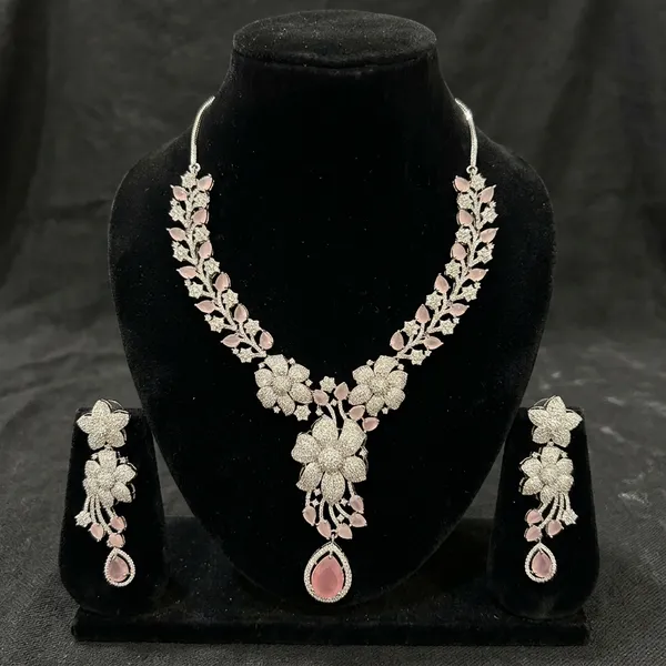 Silver_Pink_Accent_Floral_Leaf_Necklace_&_Earrings_Set_For_Women
