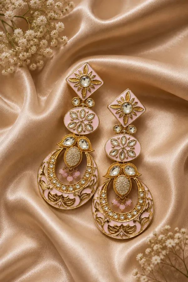 Gold_Pink_Floral_Chandelier_Drop_Earrings_For_Women