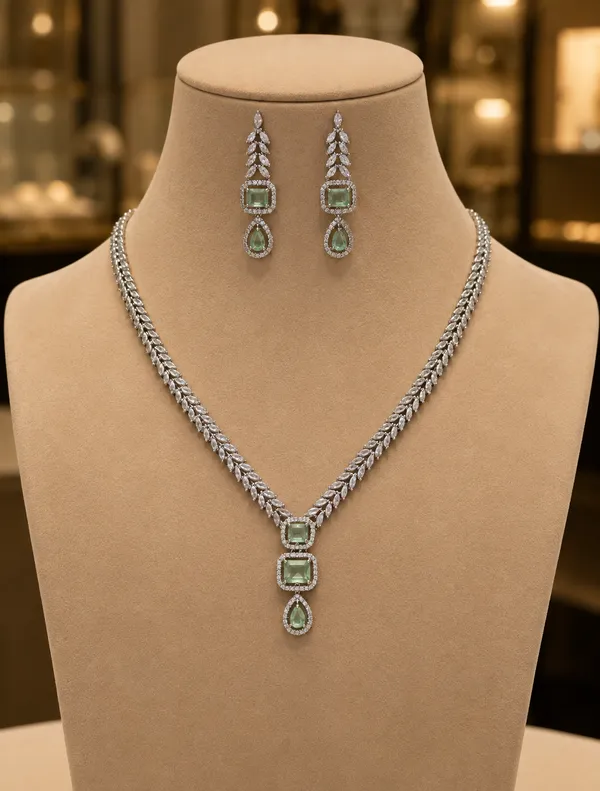 Green_Silver_Layered_Chain_Stone_Necklace_&_Earrings_Set_For_Women