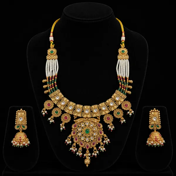 Gold_White_Kundan_Beaded_Necklace_Set_For_Women