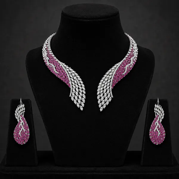Pink_Silver_Leaf_Motif_Stone_Necklace_Set_For_Women