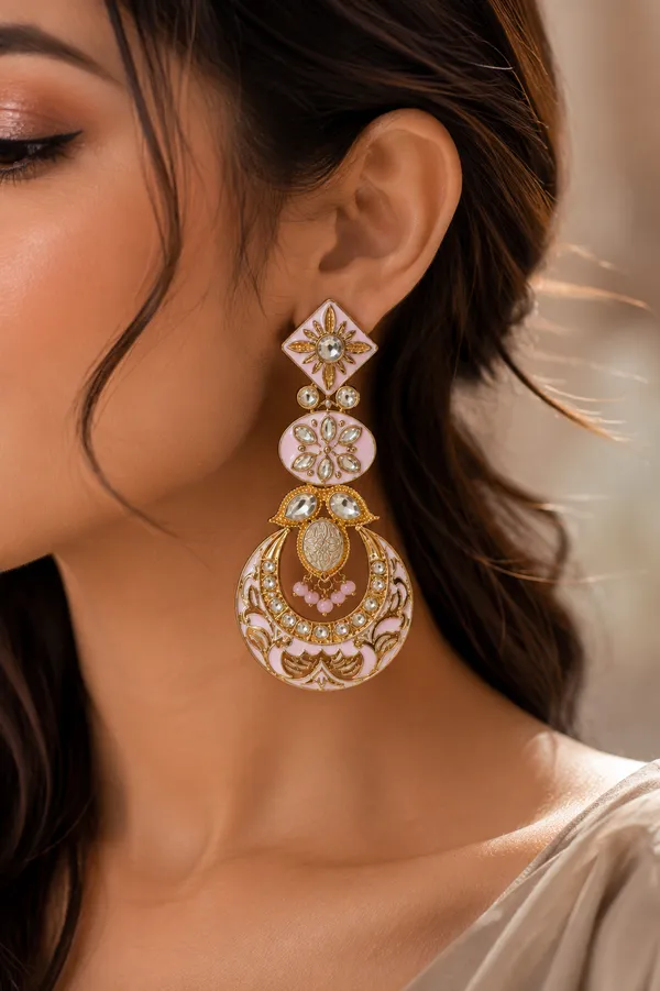 Gold_Pink_Floral_Chandelier_Drop_Earrings_For_Women