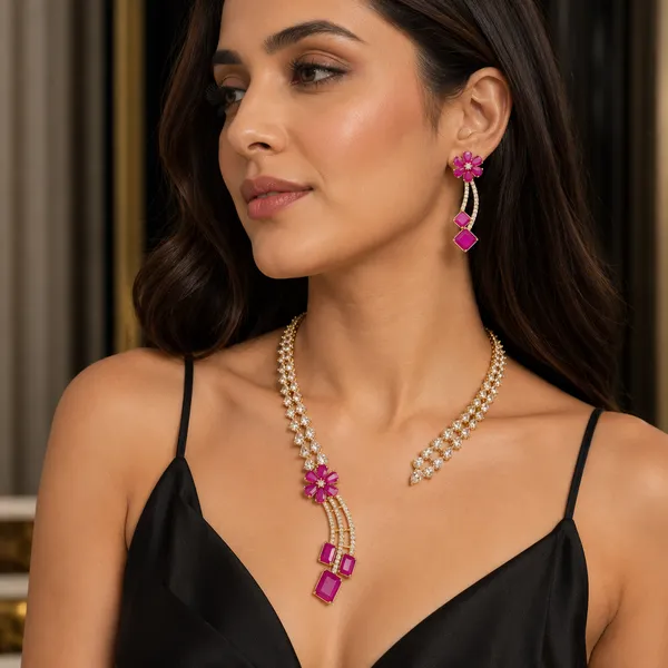 Gold_Pink_Stone_Floral_Drop_Necklace_&_Earrings_Set_For_Women