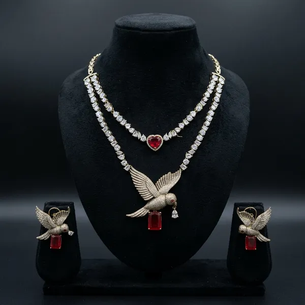 Silver_Red_Stone_Bird_Pendant_Necklace_&_Earrings_Set_For_Women
