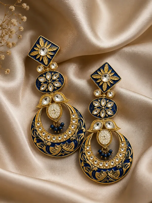 Blue_Gold_Floral_Teardrop_Drop_Earrings_For_Women