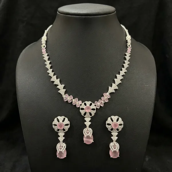 Silver_Pink_Stone_Floral_Necklace_Set_For_Women
