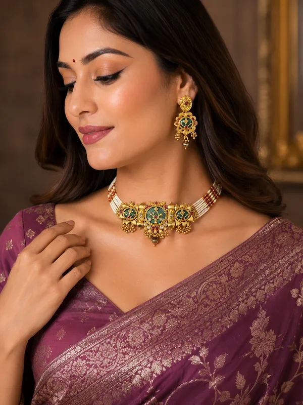 Gold_Multicolor_Meenakari_Choker_Necklace_Earrings_Set_For_Women