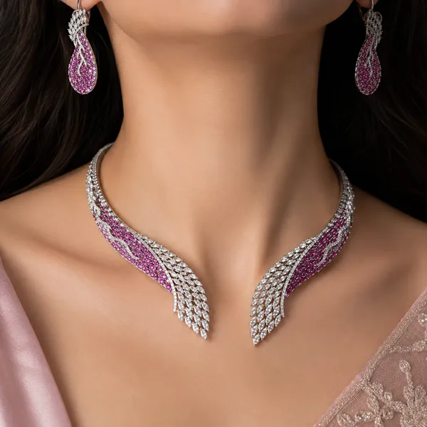 Pink_Silver_Leaf_Motif_Stone_Necklace_Set_For_Women