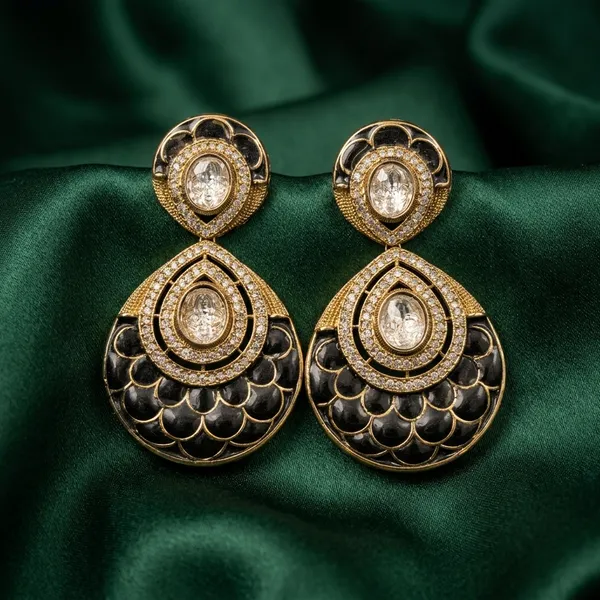 Gold_Black_Stone_Teardrop_Drop_Earrings_For_Women