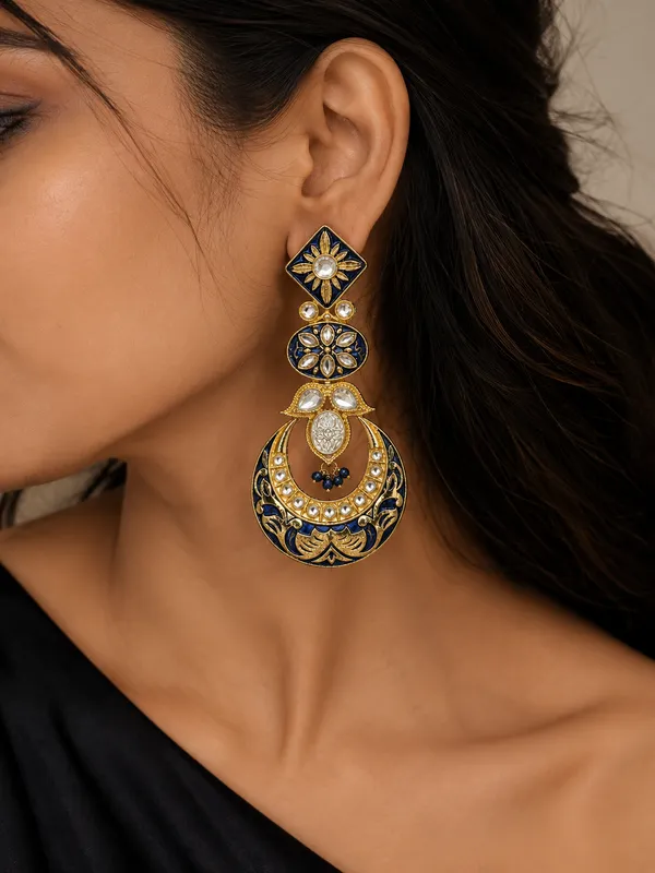 Blue_Gold_Floral_Teardrop_Drop_Earrings_For_Women